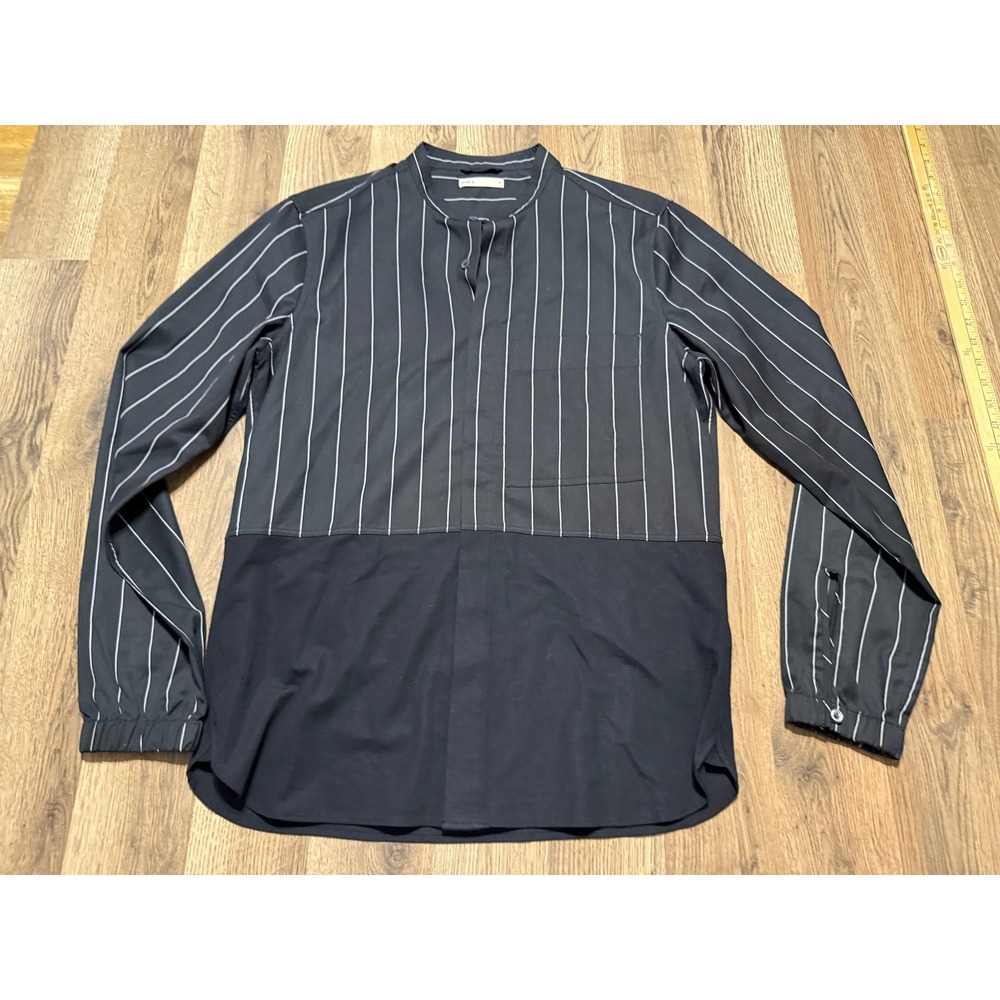 O.N.S Band Collar Shirt Mens Medium Black Adult Pinstripe Mixed Media Excellent